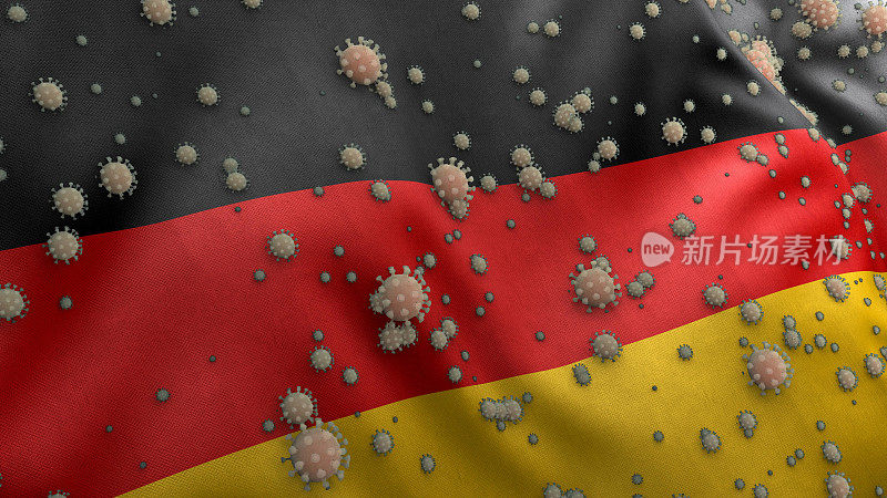 Covid - 19病毒粘在德国国旗上Corona病毒在德国国旗上3D渲染Delta变体，deutsche Fahne, Flagge Deutschland